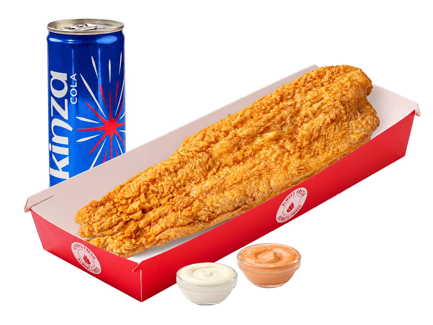 Crispy LIKE chicken fillets meal with a Kinza drink and two dips